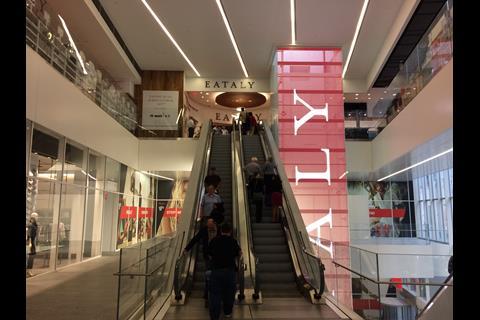 Escalators lead up to Eataly on the top floor, providing just one of the mall's popular eateries.